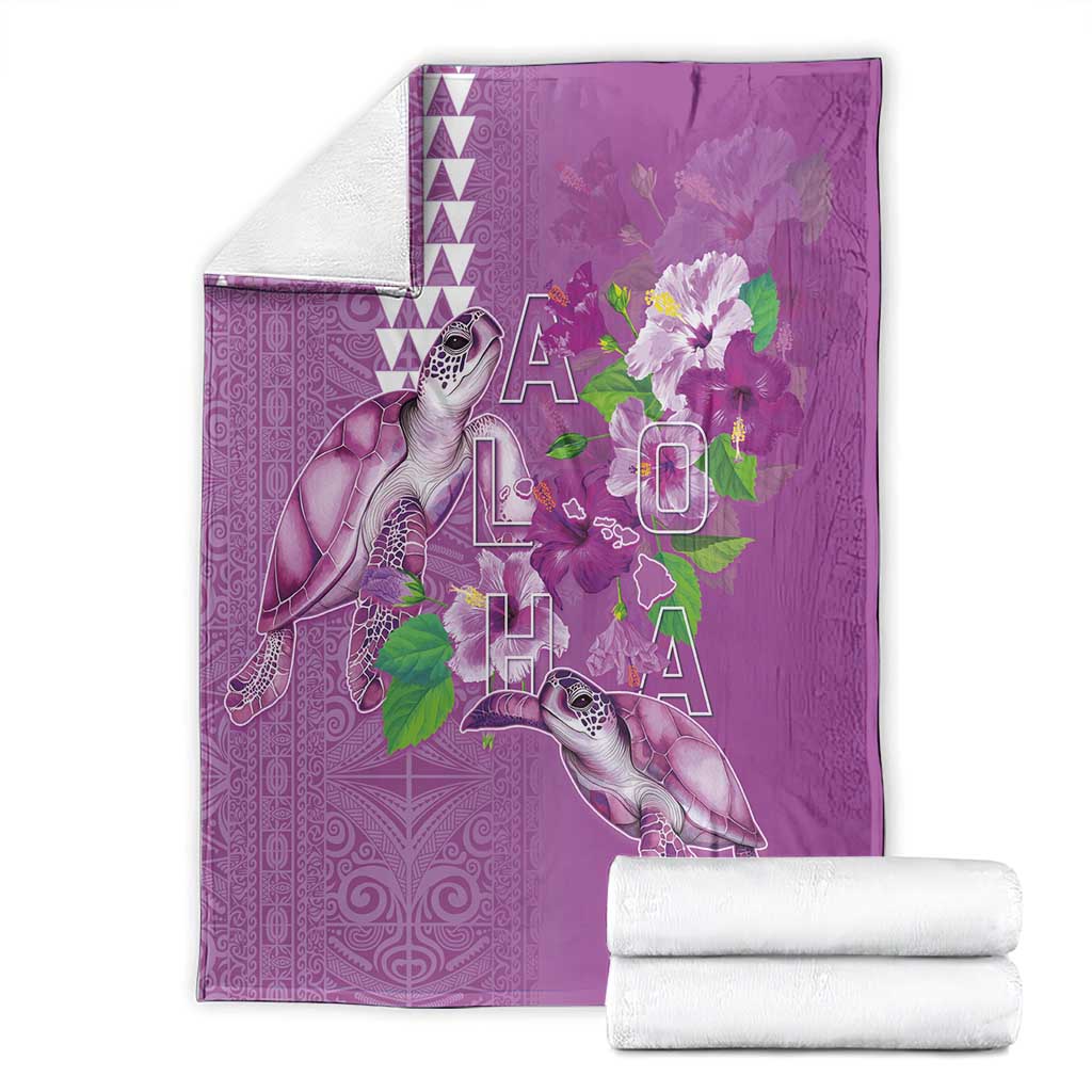 Hawaii Aloha Turtle Hibiscus and Leaves Blanket with Polynesian and Kakau Tattoos Lilac Color - Polynesian Pride