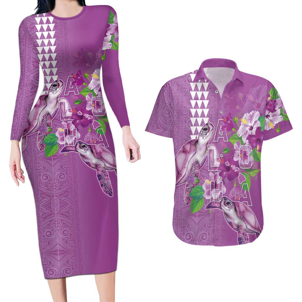 Hawaii Aloha Turtle Hibiscus and Leaves Couples Matching Long Sleeve Bodycon Dress and Hawaiian Shirt with Polynesian and Kakau Tattoos Lilac Color - Polynesian Pride