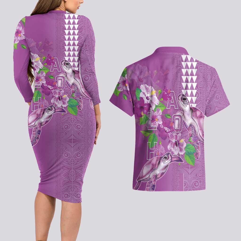 Hawaii Aloha Turtle Hibiscus and Leaves Couples Matching Long Sleeve Bodycon Dress and Hawaiian Shirt with Polynesian and Kakau Tattoos Lilac Color - Polynesian Pride