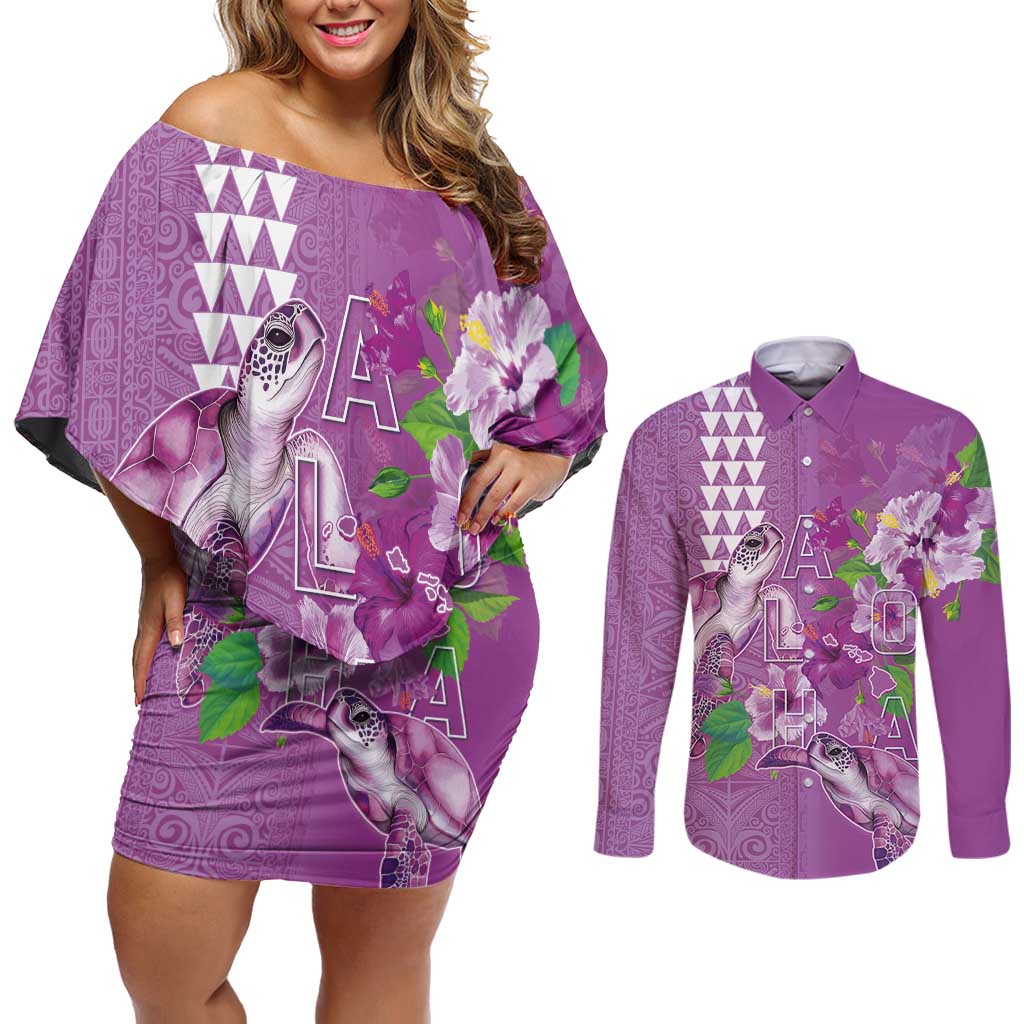 Hawaii Aloha Turtle Hibiscus and Leaves Couples Matching Off Shoulder Short Dress and Long Sleeve Button Shirt with Polynesian and Kakau Tattoos Lilac Color - Polynesian Pride