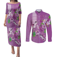Hawaii Aloha Turtle Hibiscus and Leaves Couples Matching Puletasi and Long Sleeve Button Shirt with Polynesian and Kakau Tattoos Lilac Color - Polynesian Pride