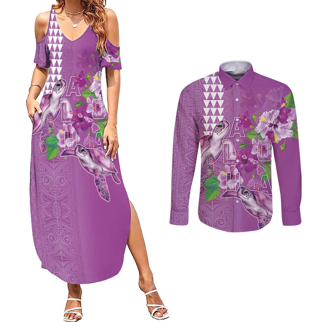 Hawaii Aloha Turtle Hibiscus and Leaves Couples Matching Summer Maxi Dress and Long Sleeve Button Shirt with Polynesian and Kakau Tattoos Lilac Color - Polynesian Pride