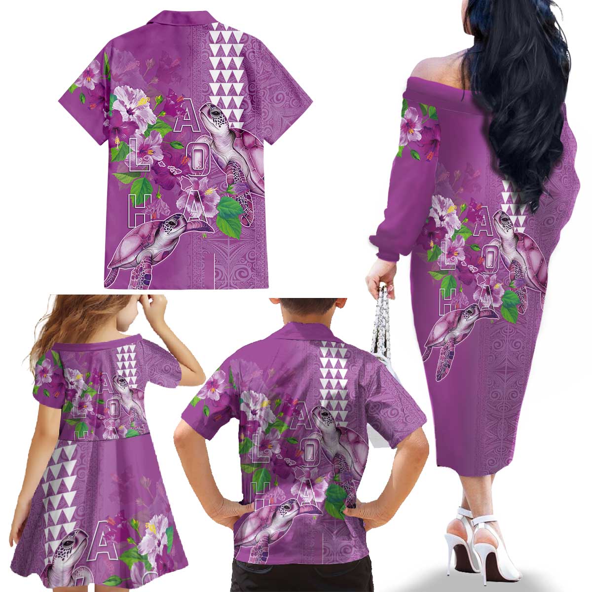 Hawaii Aloha Turtle Hibiscus and Leaves Family Matching Off The Shoulder Long Sleeve Dress and Hawaiian Shirt with Polynesian and Kakau Tattoos Lilac Color - Polynesian Pride