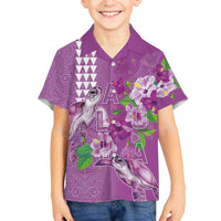 Hawaii Aloha Turtle Hibiscus and Leaves Family Matching Off The Shoulder Long Sleeve Dress and Hawaiian Shirt with Polynesian and Kakau Tattoos Lilac Color - Polynesian Pride