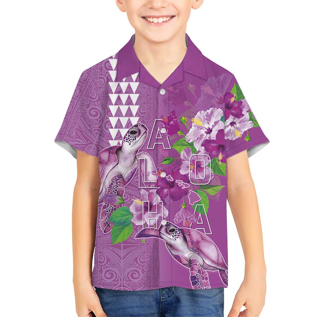 Hawaii Aloha Turtle Hibiscus and Leaves Family Matching Off Shoulder Maxi Dress and Hawaiian Shirt with Polynesian and Kakau Tattoos Lilac Color - Polynesian Pride