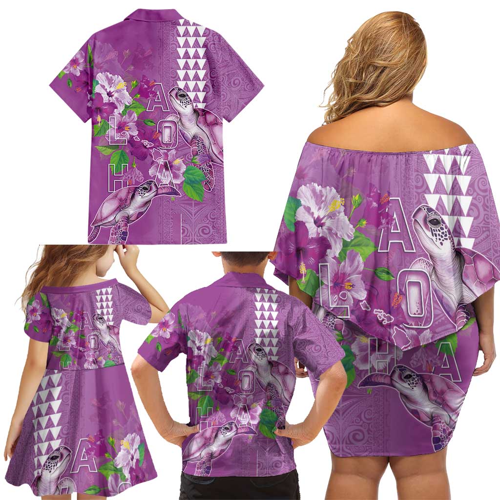Hawaii Aloha Turtle Hibiscus and Leaves Family Matching Off Shoulder Short Dress and Hawaiian Shirt with Polynesian and Kakau Tattoos Lilac Color - Polynesian Pride