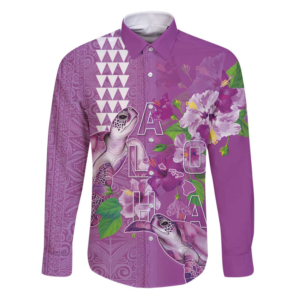 Hawaii Aloha Turtle Hibiscus and Leaves Family Matching Off Shoulder Short Dress and Hawaiian Shirt with Polynesian and Kakau Tattoos Lilac Color - Polynesian Pride