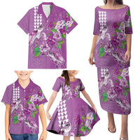 Hawaii Aloha Turtle Hibiscus and Leaves Family Matching Puletasi and Hawaiian Shirt with Polynesian and Kakau Tattoos Lilac Color - Polynesian Pride