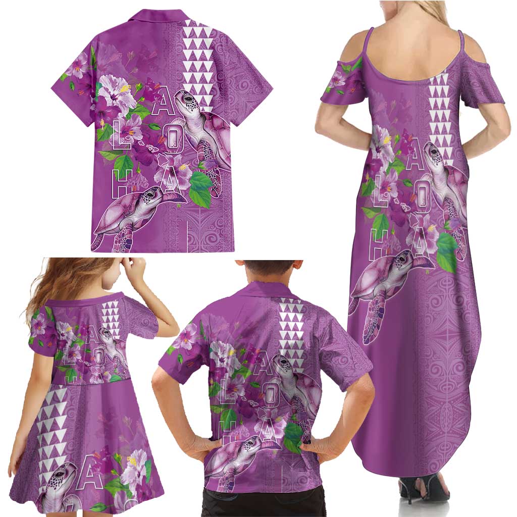 Hawaii Aloha Turtle Hibiscus and Leaves Family Matching Summer Maxi Dress and Hawaiian Shirt with Polynesian and Kakau Tattoos Lilac Color - Polynesian Pride