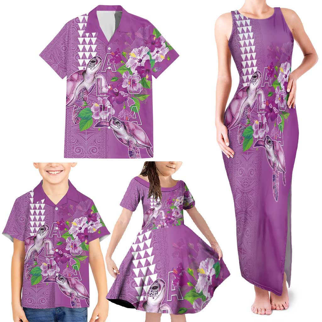 Hawaii Aloha Turtle Hibiscus and Leaves Family Matching Tank Maxi Dress and Hawaiian Shirt with Polynesian and Kakau Tattoos Lilac Color - Polynesian Pride