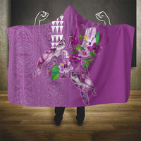 Hawaii Aloha Turtle Hibiscus and Leaves Hooded Blanket with Polynesian and Kakau Tattoos Lilac Color - Polynesian Pride