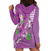 Hawaii Aloha Turtle Hibiscus and Leaves Hoodie Dress with Polynesian and Kakau Tattoos Lilac Color - Polynesian Pride