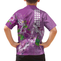 Hawaii Aloha Turtle Hibiscus and Leaves Kid Hawaiian Shirt with Polynesian and Kakau Tattoos Lilac Color - Polynesian Pride