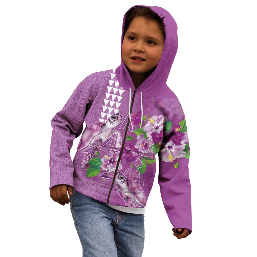 Hawaii Aloha Turtle Hibiscus and Leaves Kid Hoodie with Polynesian and Kakau Tattoos Lilac Color - Polynesian Pride
