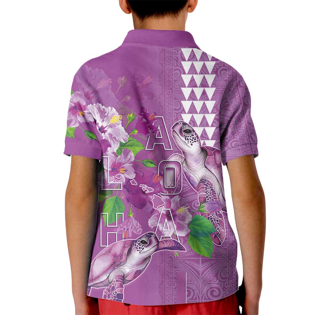 Hawaii Aloha Turtle Hibiscus and Leaves Kid Polo Shirt with Polynesian and Kakau Tattoos Lilac Color - Polynesian Pride