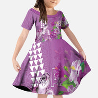 Hawaii Aloha Turtle Hibiscus and Leaves Kid Short Sleeve Dress with Polynesian and Kakau Tattoos Lilac Color - Polynesian Pride