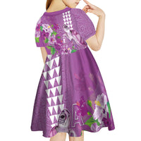 Hawaii Aloha Turtle Hibiscus and Leaves Kid Short Sleeve Dress with Polynesian and Kakau Tattoos Lilac Color - Polynesian Pride