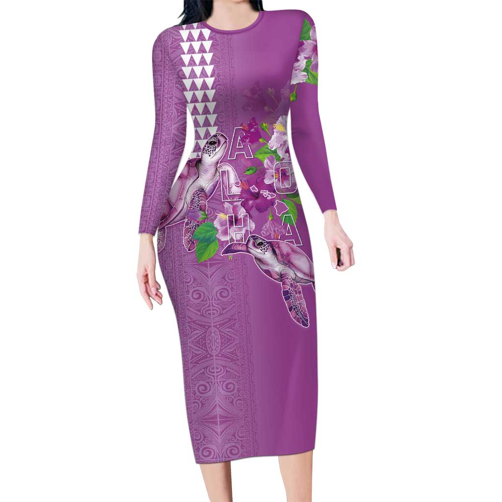 Hawaii Aloha Turtle Hibiscus and Leaves Long Sleeve Bodycon Dress with Polynesian and Kakau Tattoos Lilac Color - Polynesian Pride