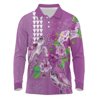 Hawaii Aloha Turtle Hibiscus and Leaves Long Sleeve Polo Shirt with Polynesian and Kakau Tattoos Lilac Color - Polynesian Pride
