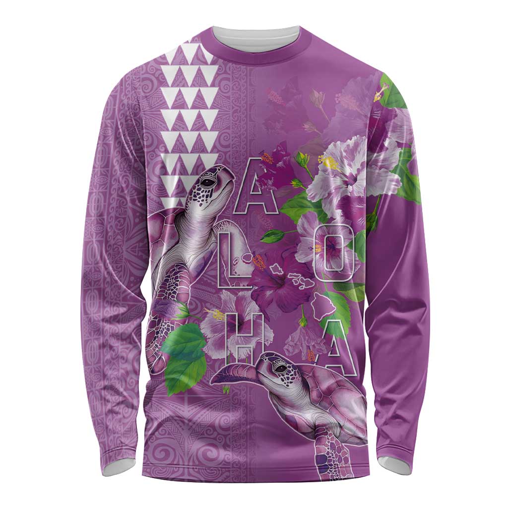 Hawaii Aloha Turtle Hibiscus and Leaves Long Sleeve Shirt with Polynesian and Kakau Tattoos Lilac Color - Polynesian Pride