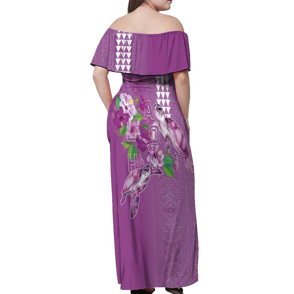 Hawaii Aloha Turtle Hibiscus and Leaves Off Shoulder Maxi Dress with Polynesian and Kakau Tattoos Lilac Color - Polynesian Pride