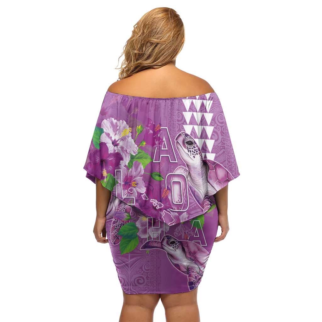 Hawaii Aloha Turtle Hibiscus and Leaves Off Shoulder Short Dress with Polynesian and Kakau Tattoos Lilac Color - Polynesian Pride