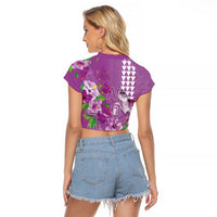 Hawaii Aloha Turtle Hibiscus and Leaves Raglan Cropped T Shirt with Polynesian and Kakau Tattoos Lilac Color - Polynesian Pride