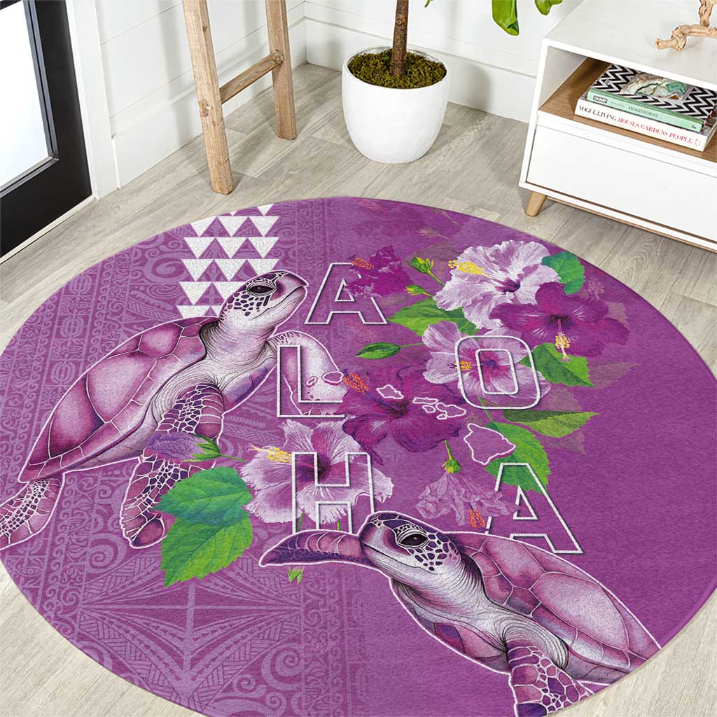 Hawaii Aloha Turtle Hibiscus and Leaves Round Carpet with Polynesian and Kakau Tattoos Lilac Color - Polynesian Pride