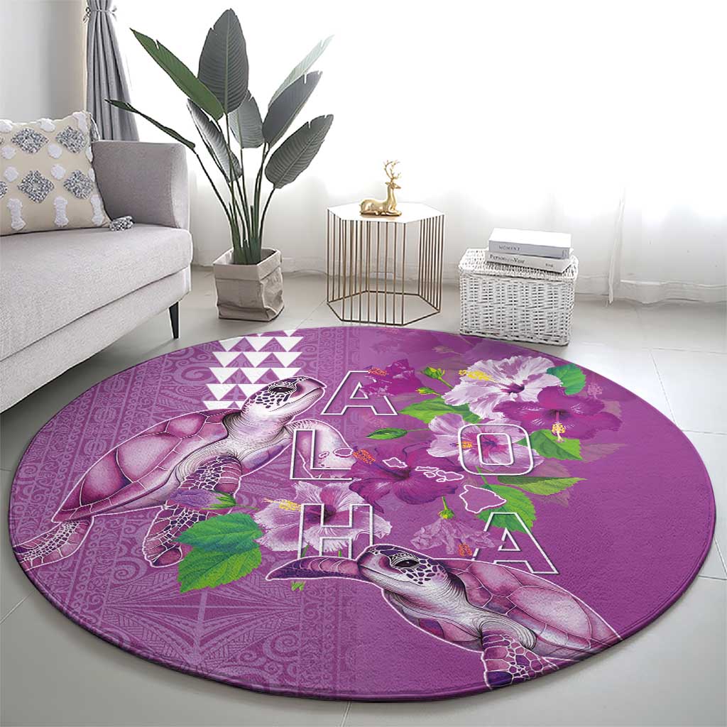 Hawaii Aloha Turtle Hibiscus and Leaves Round Carpet with Polynesian and Kakau Tattoos Lilac Color - Polynesian Pride