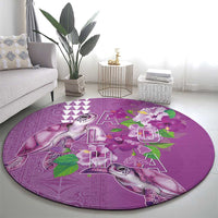 Hawaii Aloha Turtle Hibiscus and Leaves Round Carpet with Polynesian and Kakau Tattoos Lilac Color - Polynesian Pride
