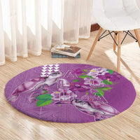 Hawaii Aloha Turtle Hibiscus and Leaves Round Carpet with Polynesian and Kakau Tattoos Lilac Color - Polynesian Pride