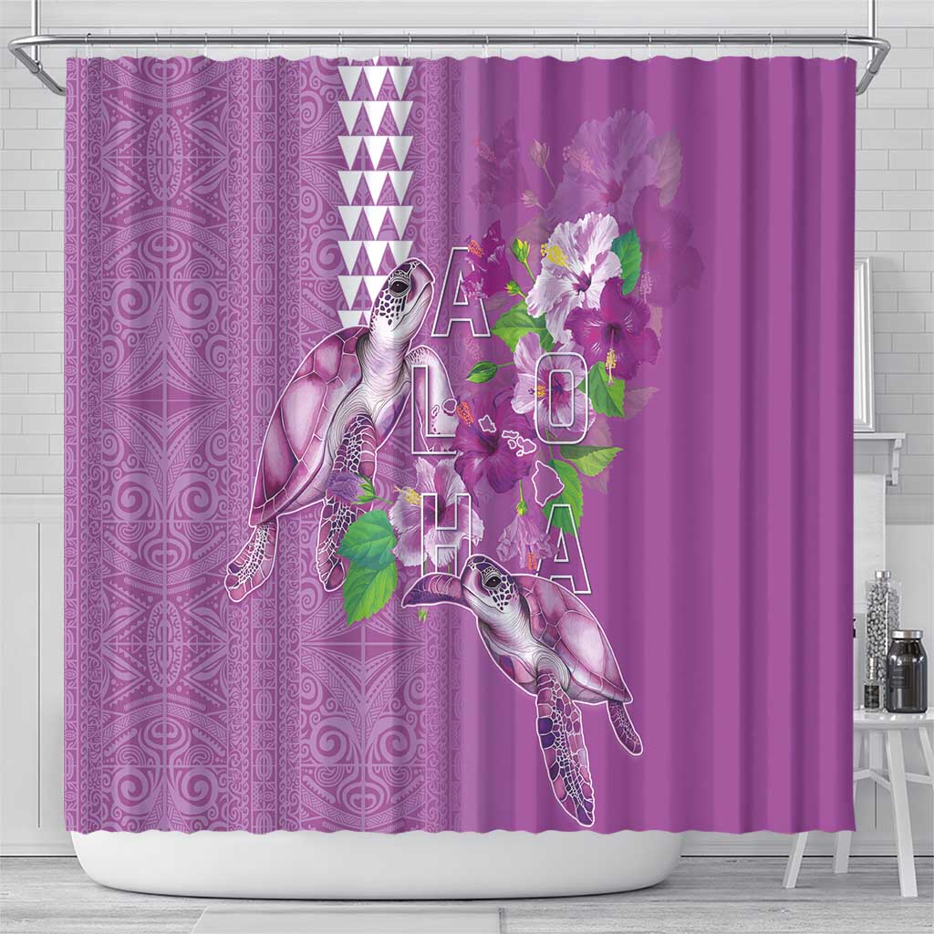 Hawaii Aloha Turtle Hibiscus and Leaves Shower Curtain with Polynesian and Kakau Tattoos Lilac Color - Polynesian Pride