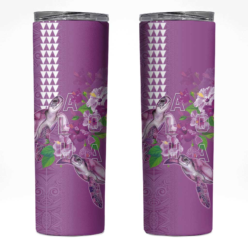 Hawaii Aloha Turtle Hibiscus and Leaves Skinny Tumbler with Polynesian and Kakau Tattoos Lilac Color - Polynesian Pride