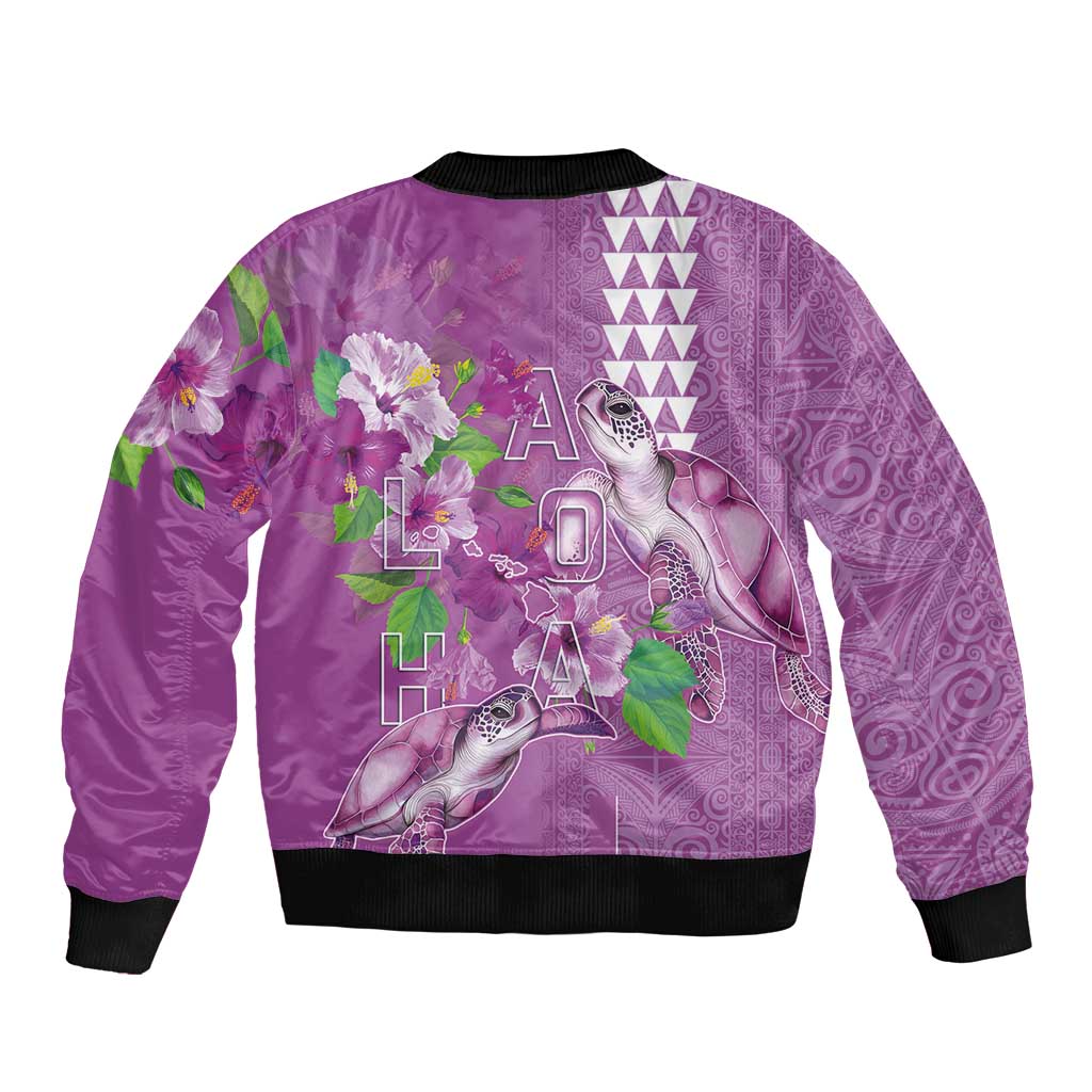 Hawaii Aloha Turtle Hibiscus and Leaves Sleeve Zip Bomber Jacket with Polynesian and Kakau Tattoos Lilac Color - Polynesian Pride