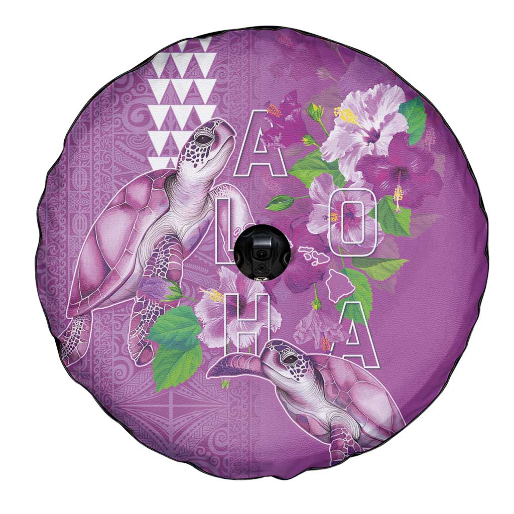 Hawaii Aloha Turtle Hibiscus and Leaves Spare Tire Cover with Polynesian and Kakau Tattoos Lilac Color - Polynesian Pride