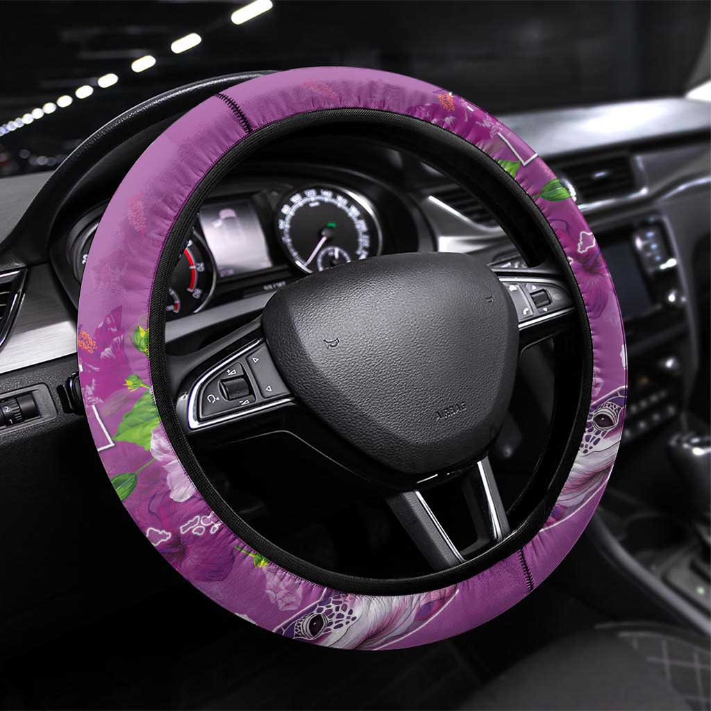 Hawaii Aloha Turtle Hibiscus and Leaves Steering Wheel Cover with Polynesian and Kakau Tattoos Lilac Color - Polynesian Pride