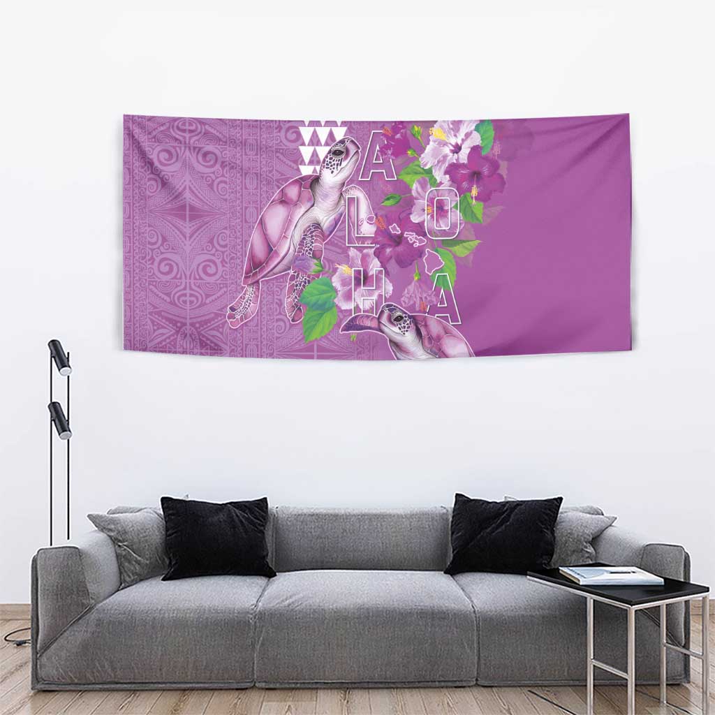 Hawaii Aloha Turtle Hibiscus and Leaves Tapestry with Polynesian and Kakau Tattoos Lilac Color - Polynesian Pride