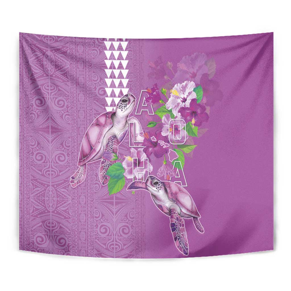 Hawaii Aloha Turtle Hibiscus and Leaves Tapestry with Polynesian and Kakau Tattoos Lilac Color - Polynesian Pride