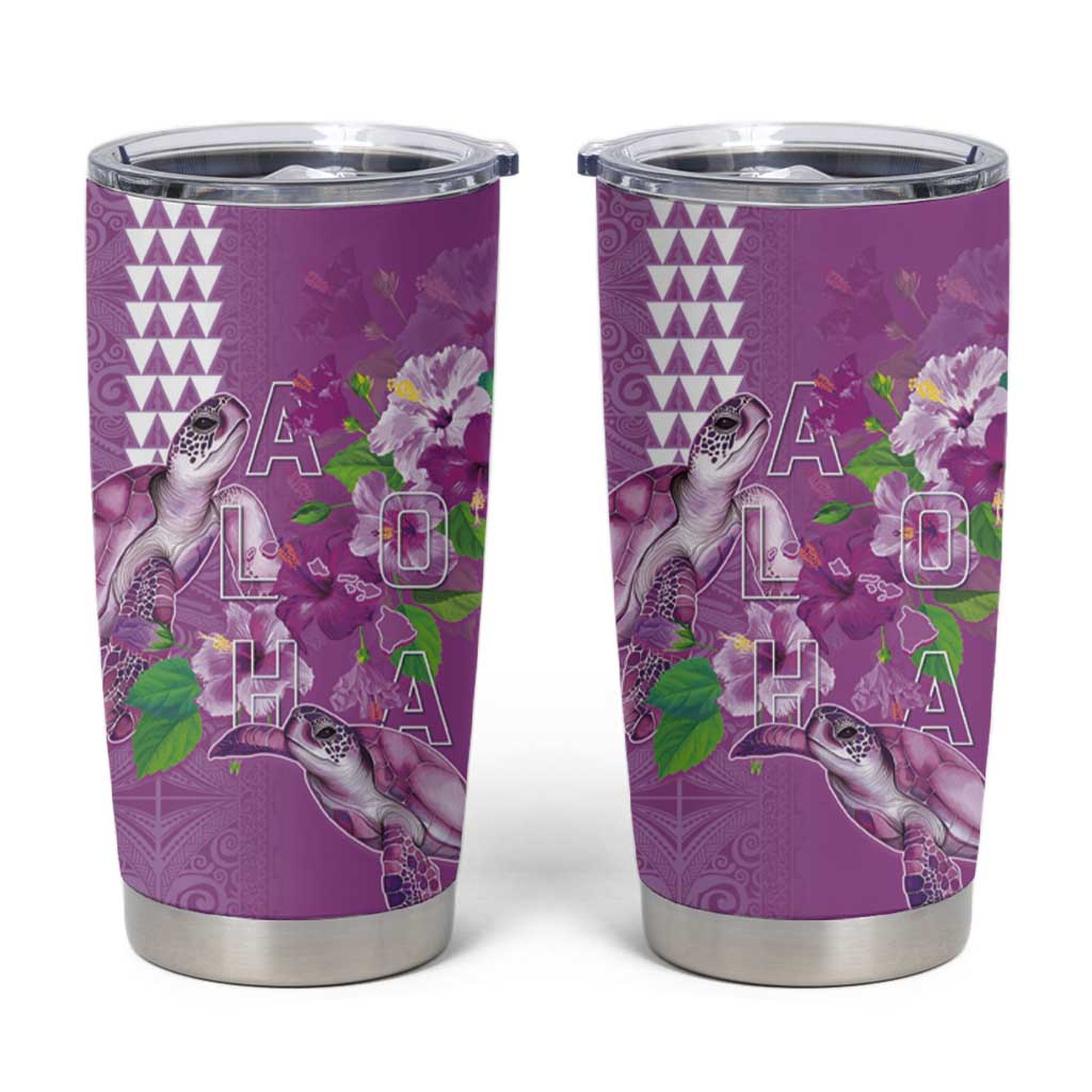 Hawaii Aloha Turtle Hibiscus and Leaves Tumbler Cup with Polynesian and Kakau Tattoos Lilac Color - Polynesian Pride
