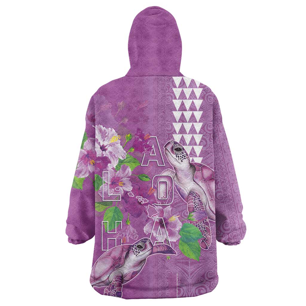 Hawaii Aloha Turtle Hibiscus and Leaves Wearable Blanket Hoodie with Polynesian and Kakau Tattoos Lilac Color - Polynesian Pride