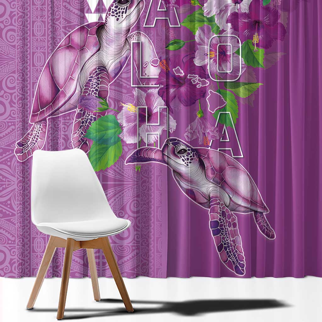 Hawaii Aloha Turtle Hibiscus and Leaves Window Curtain with Polynesian and Kakau Tattoos Lilac Color - Polynesian Pride