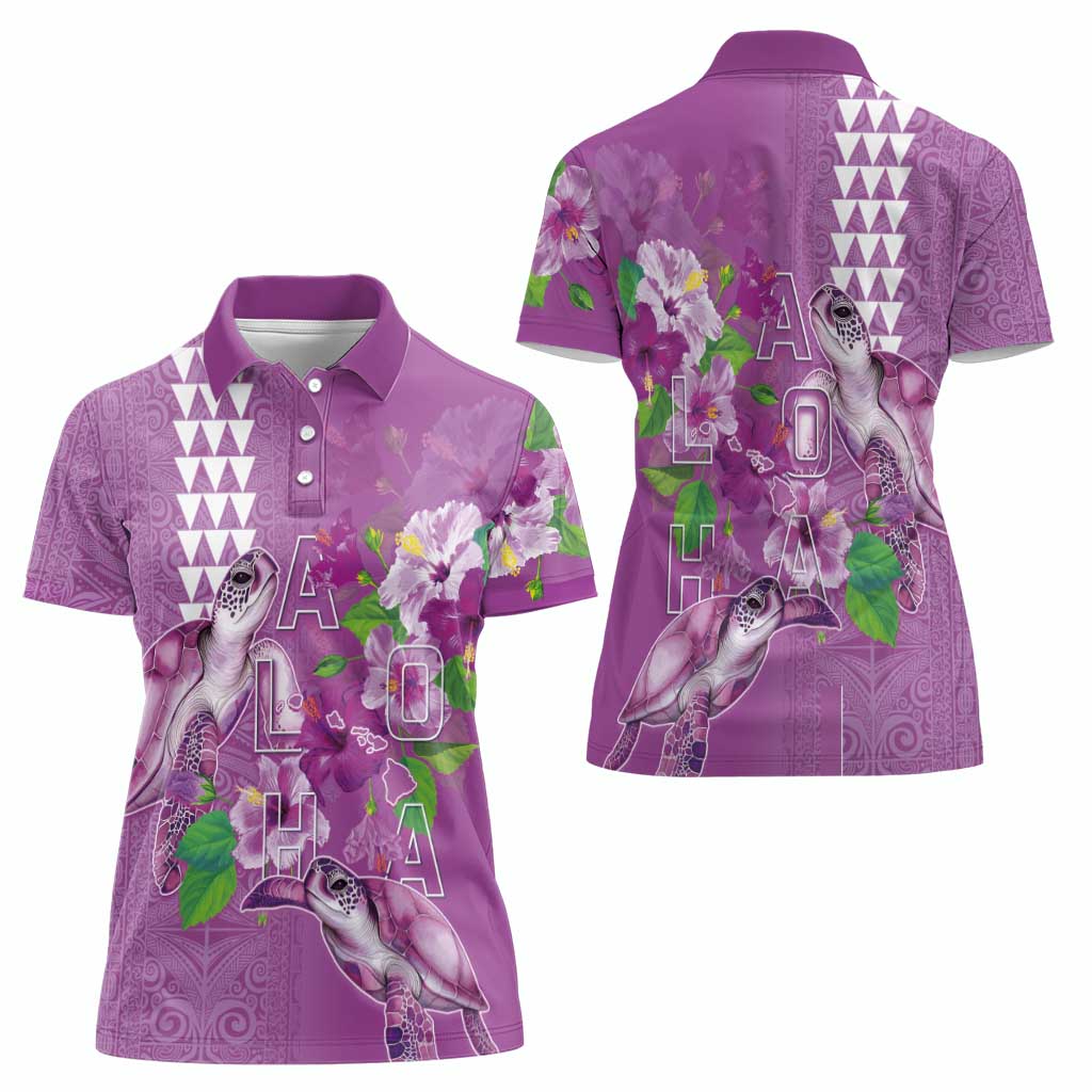 Hawaii Aloha Turtle Hibiscus and Leaves Women Polo Shirt with Polynesian and Kakau Tattoos Lilac Color - Polynesian Pride
