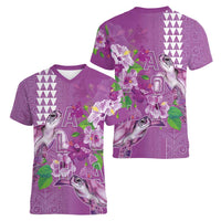 Hawaii Aloha Turtle Hibiscus and Leaves Women V-Neck T-Shirt with Polynesian and Kakau Tattoos Lilac Color - Polynesian Pride
