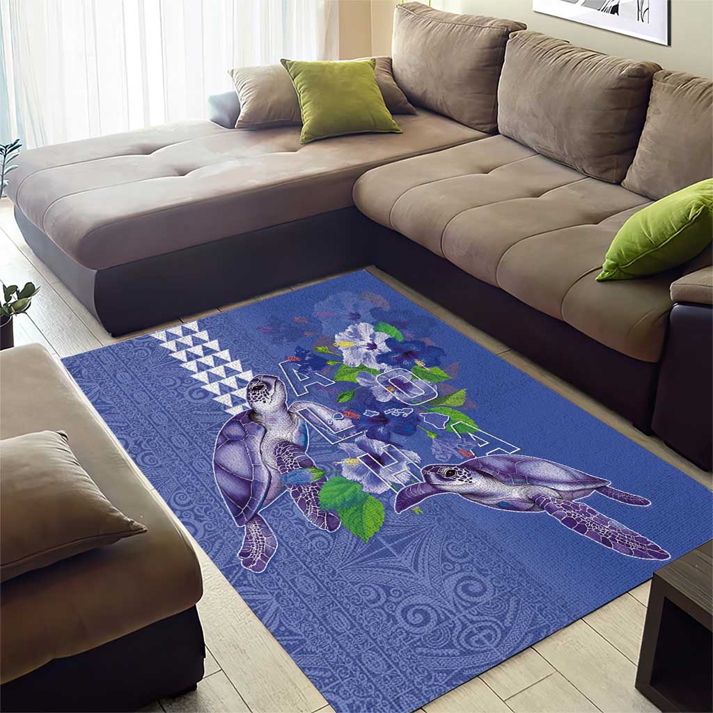 Hawaii Aloha Turtle Hibiscus and Leaves Area Rug with Polynesian and Kakau Tattoos Denim Color - Polynesian Pride