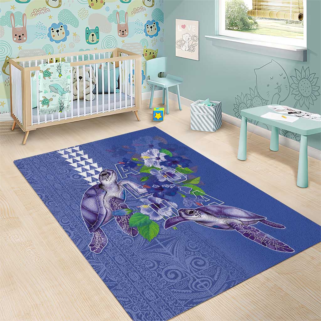 Hawaii Aloha Turtle Hibiscus and Leaves Area Rug with Polynesian and Kakau Tattoos Denim Color - Polynesian Pride