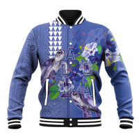 Hawaii Aloha Turtle Hibiscus and Leaves Baseball Jacket with Polynesian and Kakau Tattoos Denim Color - Polynesian Pride