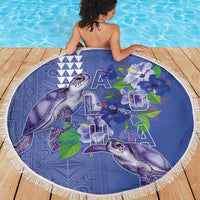 Hawaii Aloha Turtle Hibiscus and Leaves Beach Blanket with Polynesian and Kakau Tattoos Denim Color - Polynesian Pride