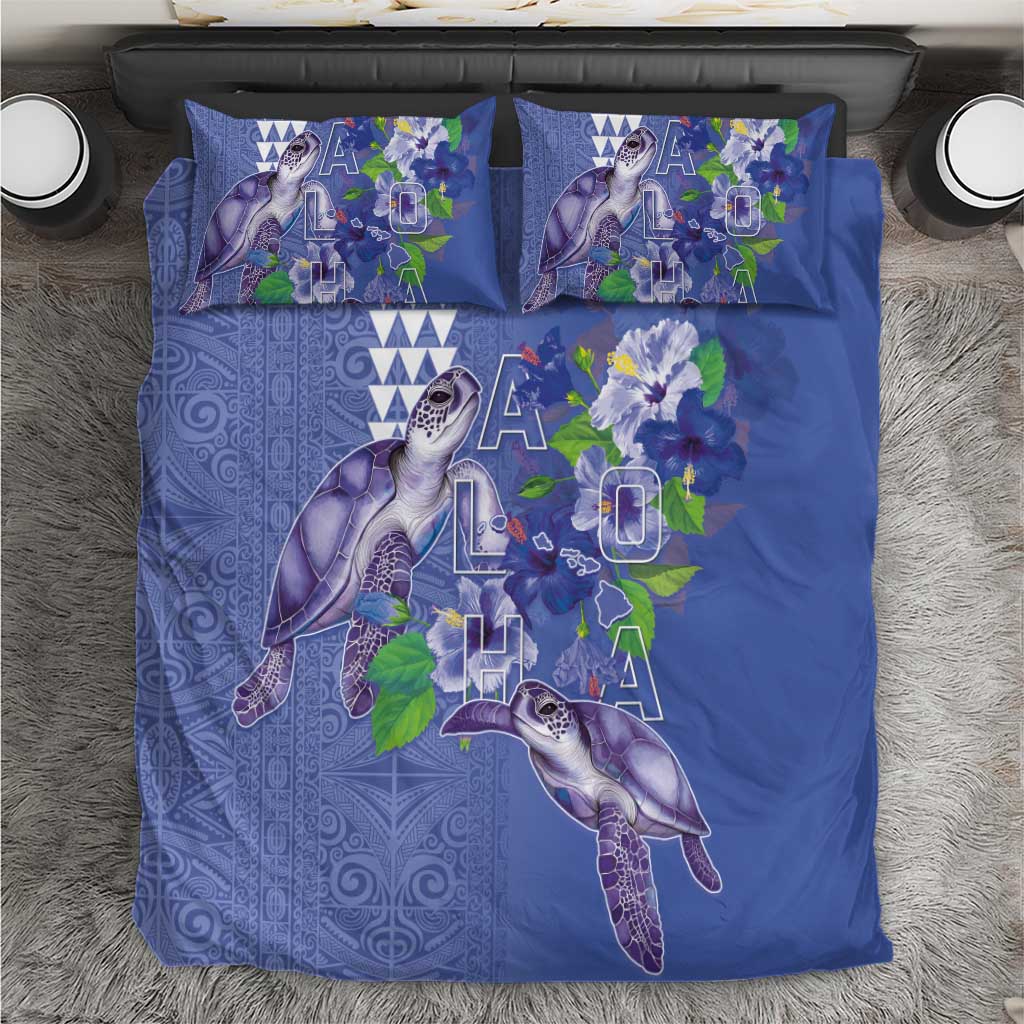 Hawaii Aloha Turtle Hibiscus and Leaves Bedding Set with Polynesian and Kakau Tattoos Denim Color - Polynesian Pride