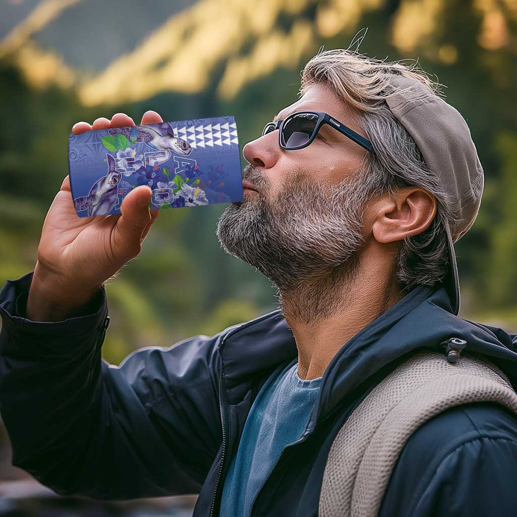 Hawaii Aloha Turtle Hibiscus and Leaves 4 in 1 Can Cooler Tumbler with Polynesian and Kakau Tattoos Denim Color - Polynesian Pride