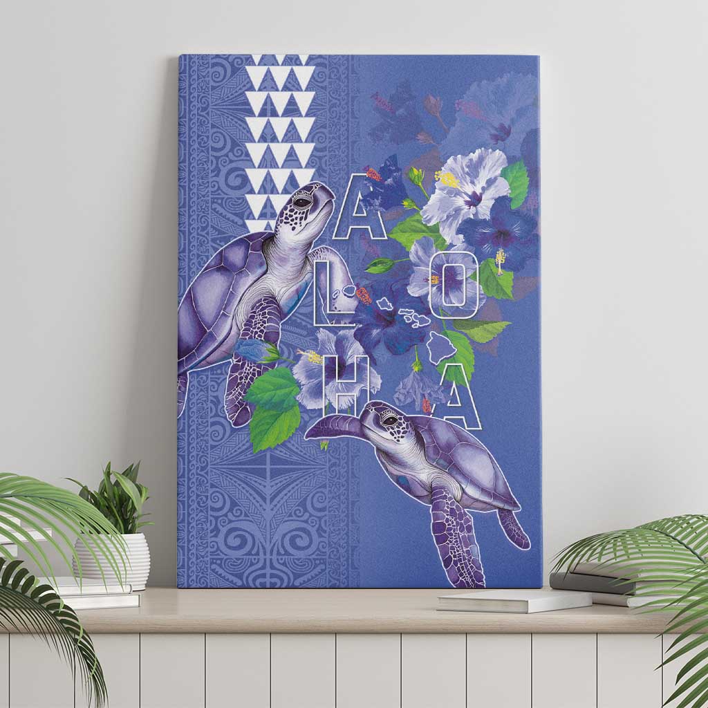 Hawaii Aloha Turtle Hibiscus and Leaves Canvas Wall Art with Polynesian and Kakau Tattoos Denim Color - Polynesian Pride